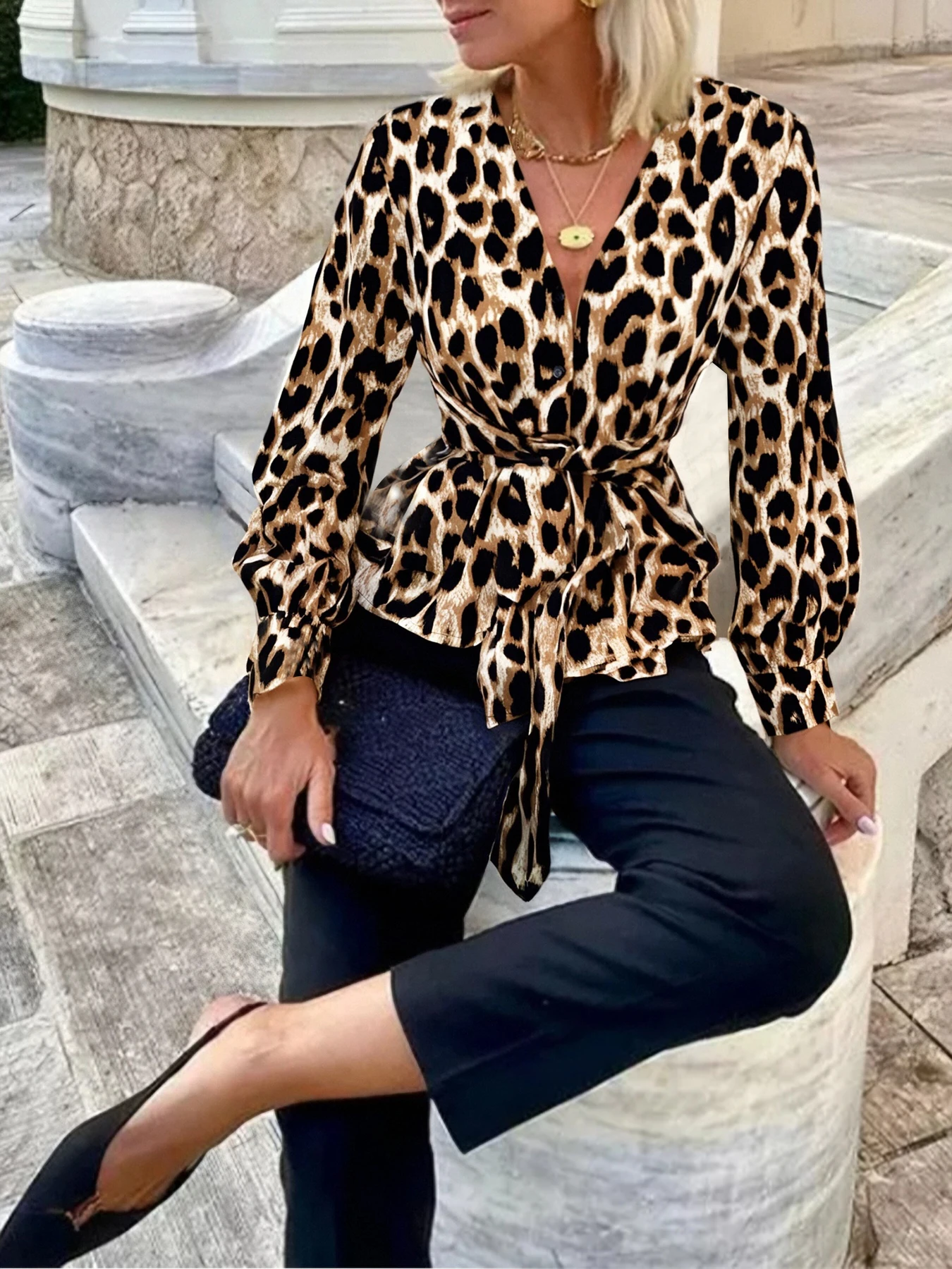 Spring Summer Women's Blouse Leopard Print V Neck Long Sleeve Waist Tie Ruffled Hem Slim Trendy Daily Casual Dating Top