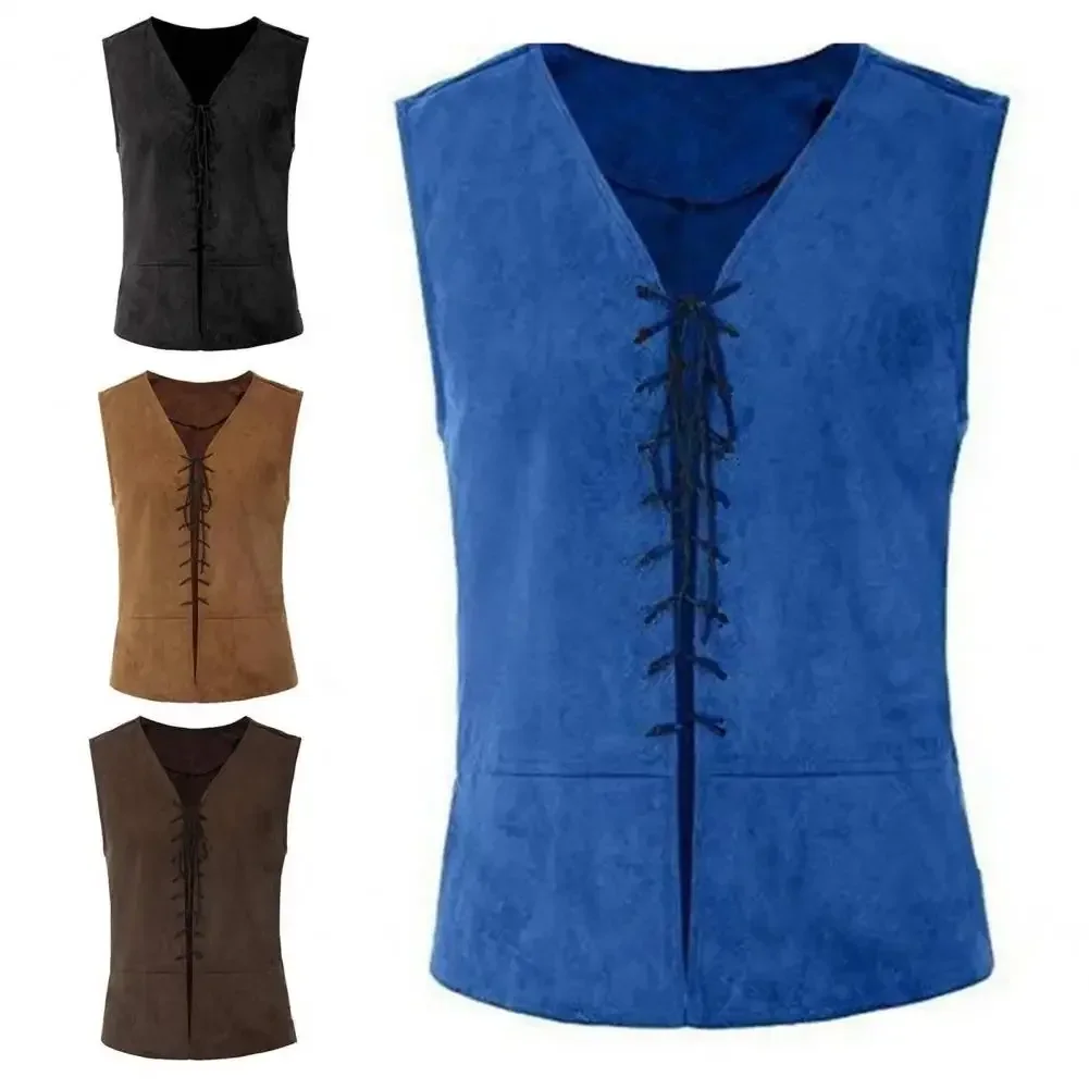 Men Pirate Vest Medieval Lace Up Sleeveless Cosplay Performance Hallowen Party Role Play Tank Top