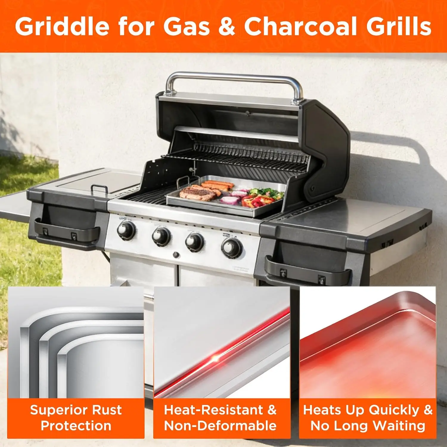 23"x16" Stainless Steel Flat Top Griddle for Gas & Charcoal Grills, Universal for Outdoor Cooking, with Grease Groove & Removable Handle view 4