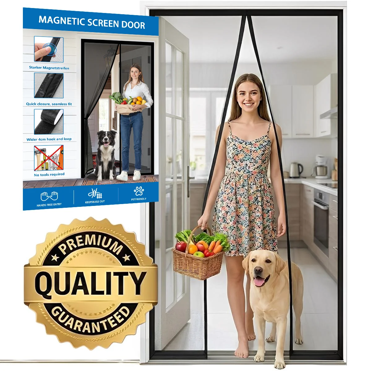 Premium Magnetic Screen Door, Heavy-Duty Reinforced Mesh Ultra-Dense Weave Smooth Auto-Close, Pets Kids Hands-Free, No-Gap Seal