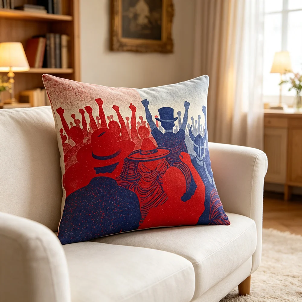 1PC Throw Pillow Cover,Red Blue Cheering Crowd Print,Patriotic Modern Style,For Sofa Bedroom Couch Home Decor