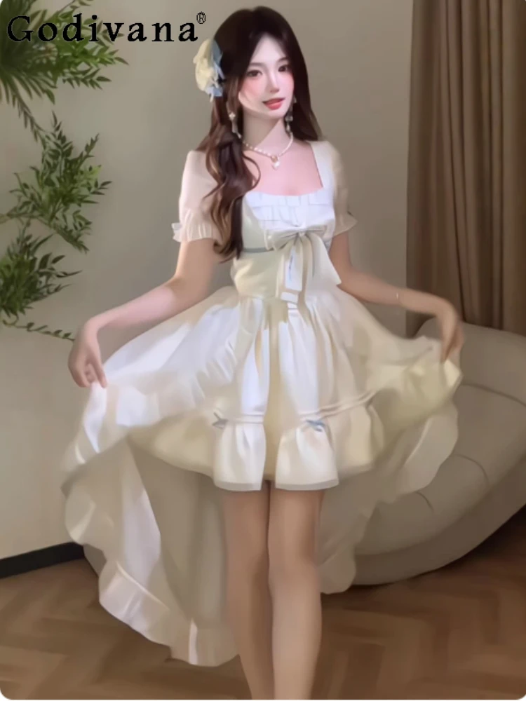 

Spring Summer Large Size Women Sweet Square Neck Trailing Princess Dress High Waist Lolita Age Reduction Short Sleeve Dresses