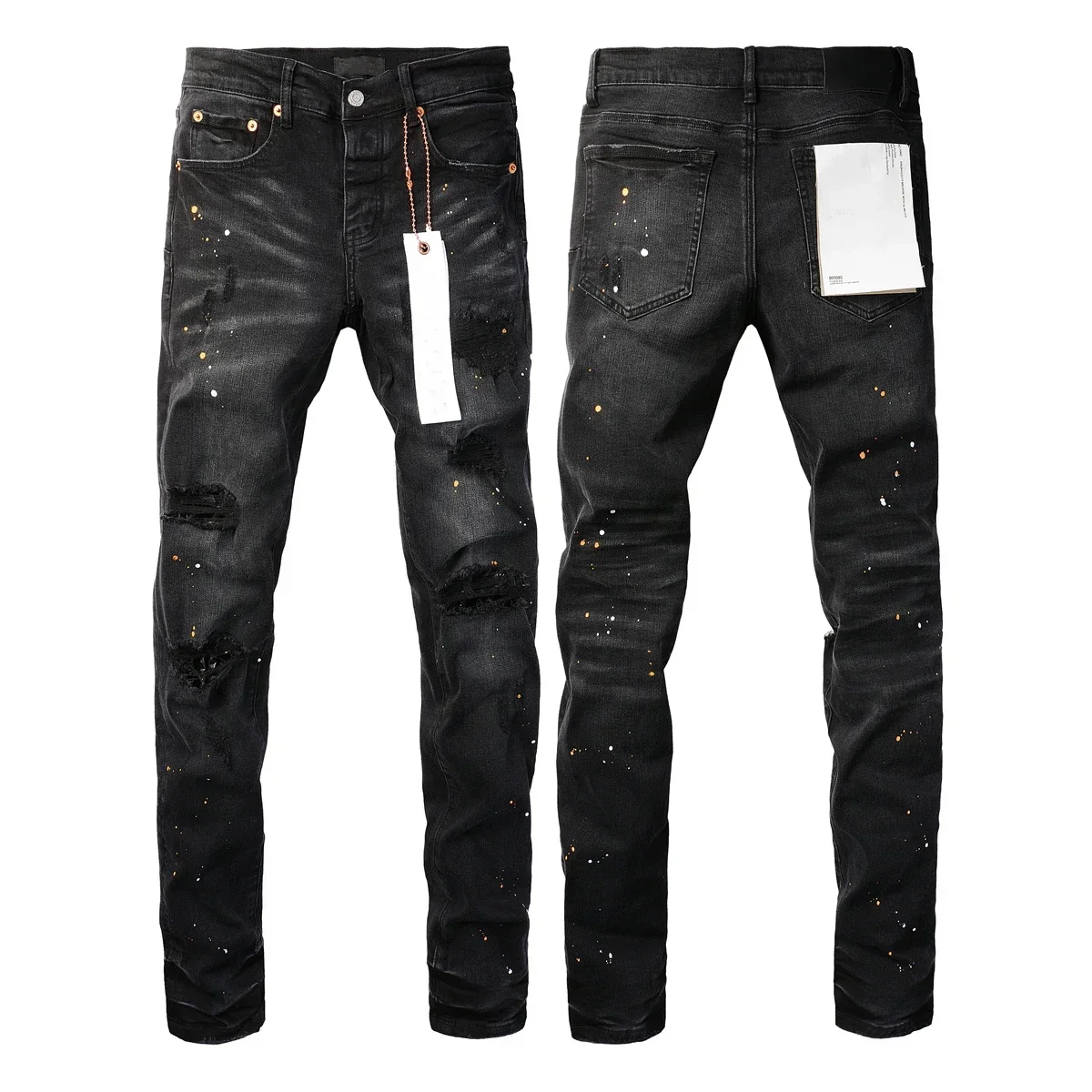 Nueva moda, pantalones vaqueros morados de alta calidad para hombres, marcas negras de calle, pintura con puntos, cuchillo, agujero cortado, reparación, pantalones vaqueros ajustados de tiro bajo