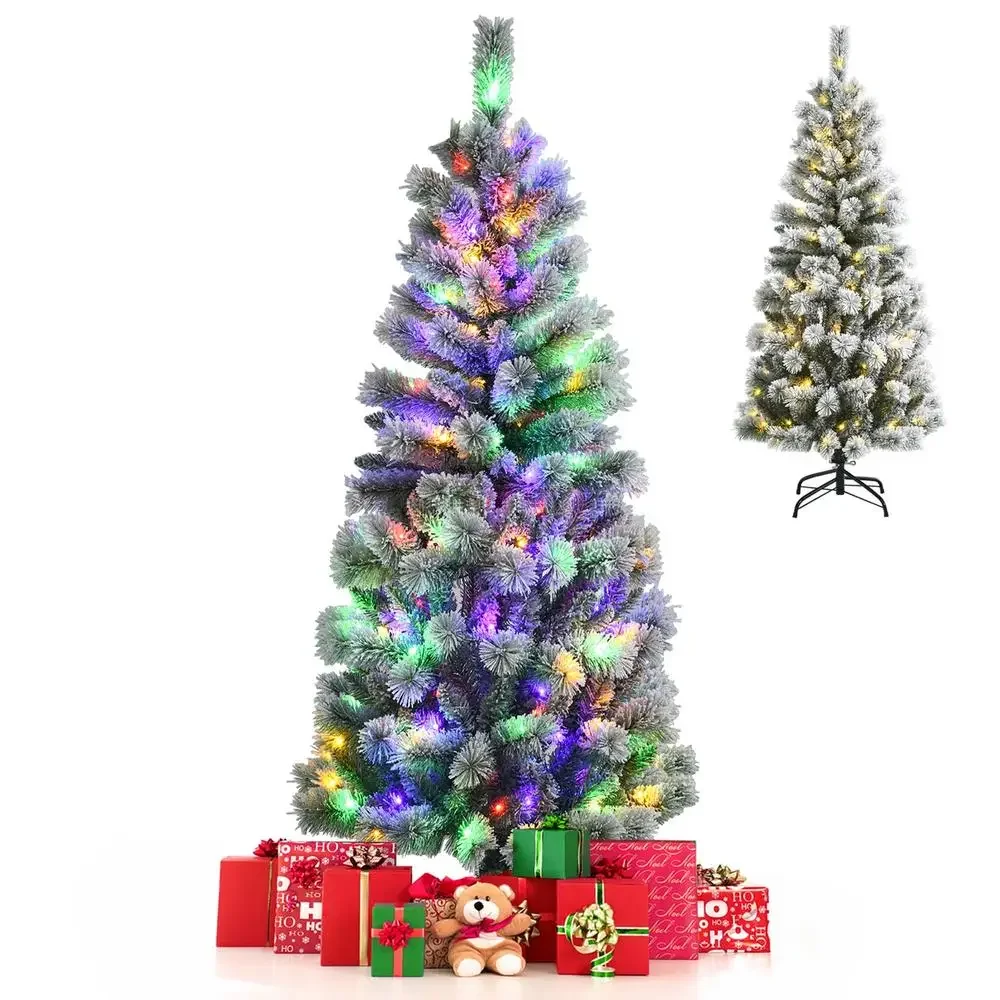 Snow Flocked Artificial Christmas Tree 5 ft LED Lights 9 Lighting Modes PVC/Metal Remote Controller Decor Home/Shop/Restaurant