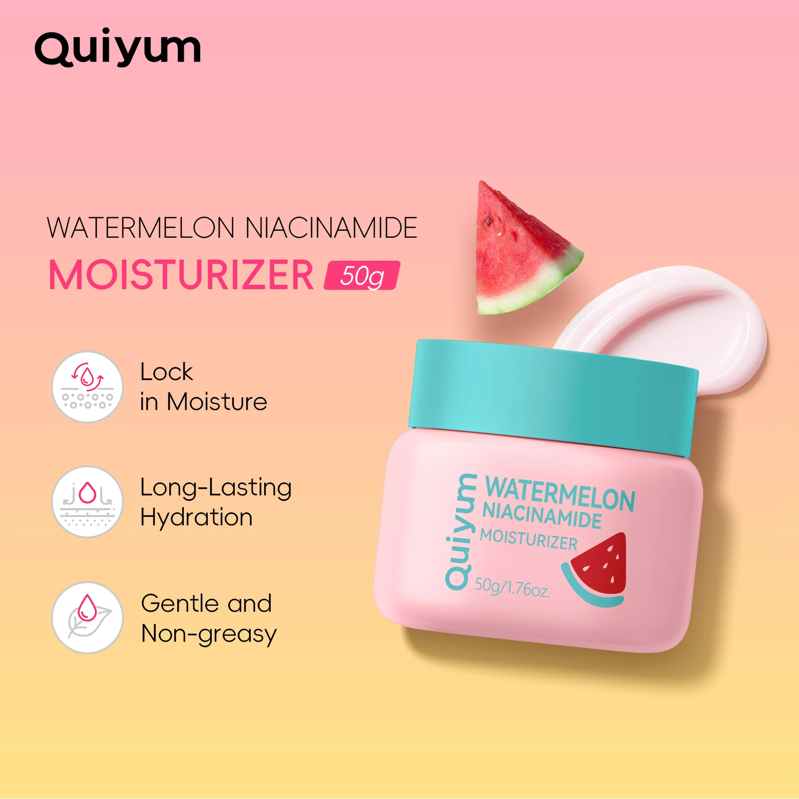 Quiyum Watermelon Niacinamide Moisturizer 50g Long-Lasting Hydration with 4D Hyaluronic Acid & Aloe Vera