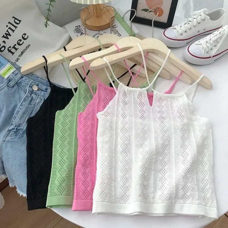 

Sexy Halter Crop Top Women Knitted Camis Tank Tops Sleeveless Off Shoulder T Shirt Y2k Hollow Out Backless Clothes