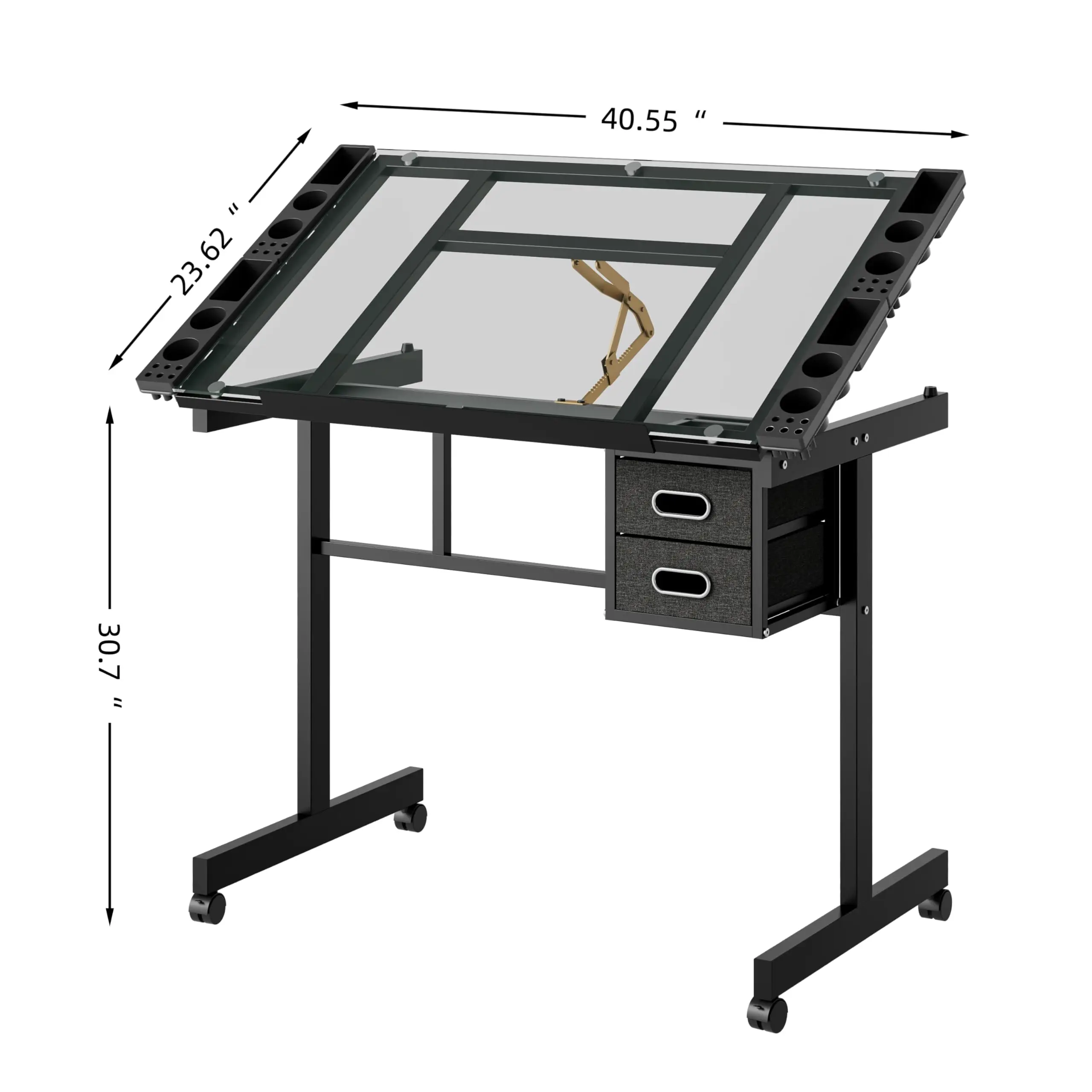 Rolling Drafting Table on Wheels, Painting Table Art Craft Desk Crafting Table with ing Transparent Tempered Glass Top