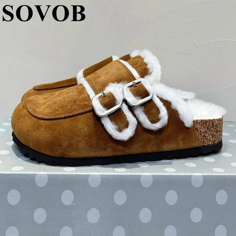 

New Winter Metal Buckle Thick Soled Flat Slippers Women's Round Toe Retro Warm Anti Slip Mules Outdoor Vacation Lazy Slippers