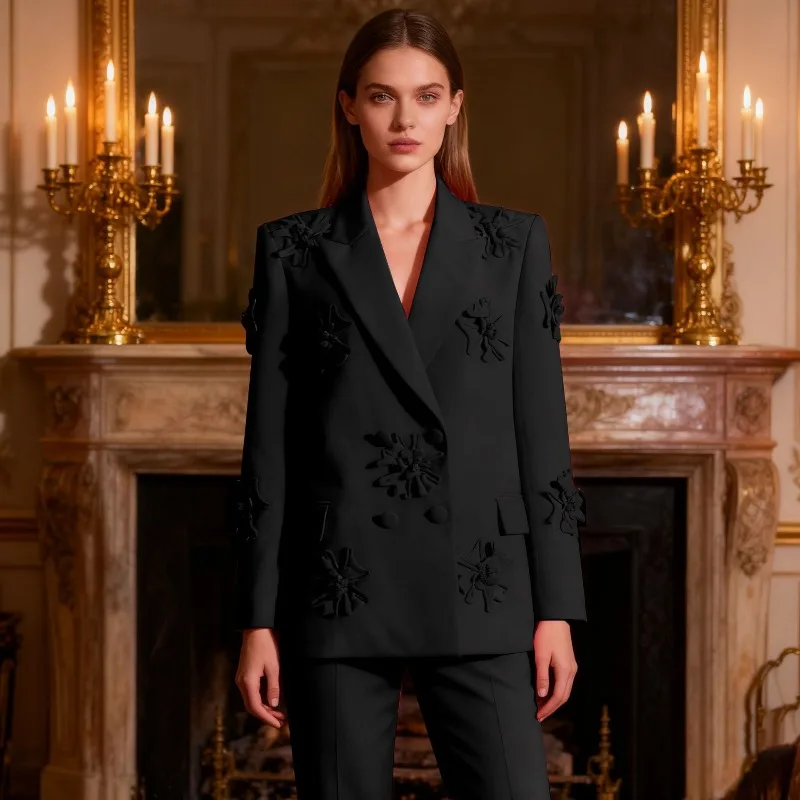 Trendy two-piece suit, blazer + high-waisted micro-Latin pants three-dimensional flower suit for women