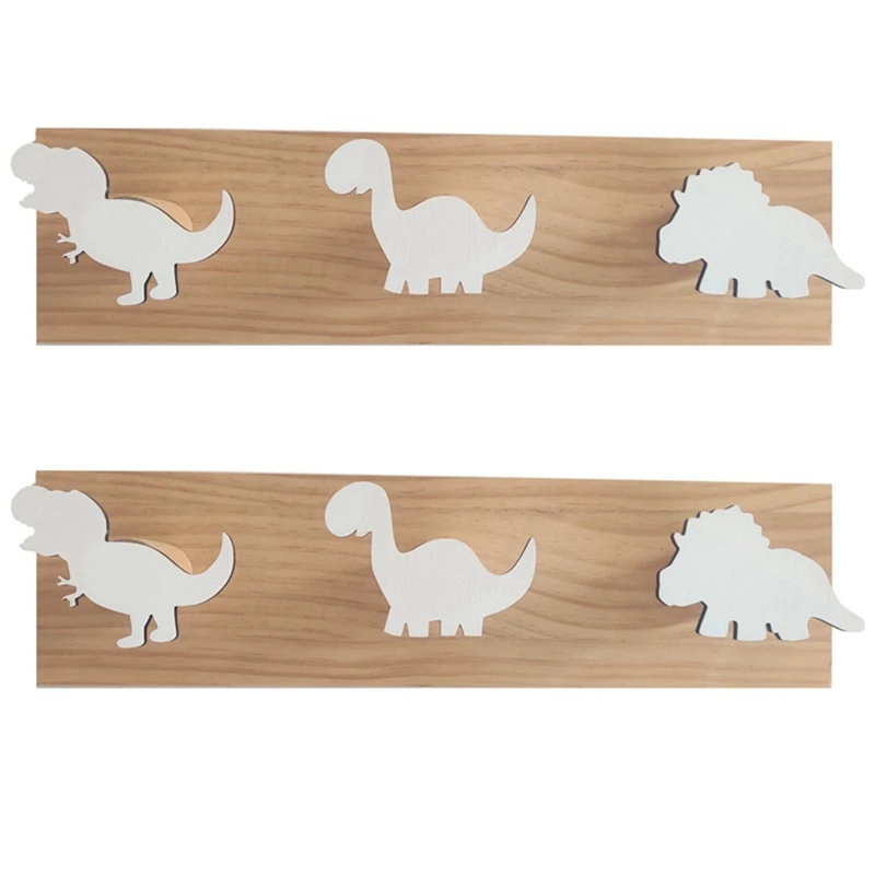 2X Kids Dinosaur Wall Mounted Coat Hooks Wooden Door Hanger For Boys Bedroom Nursery Playroom Decorations -White