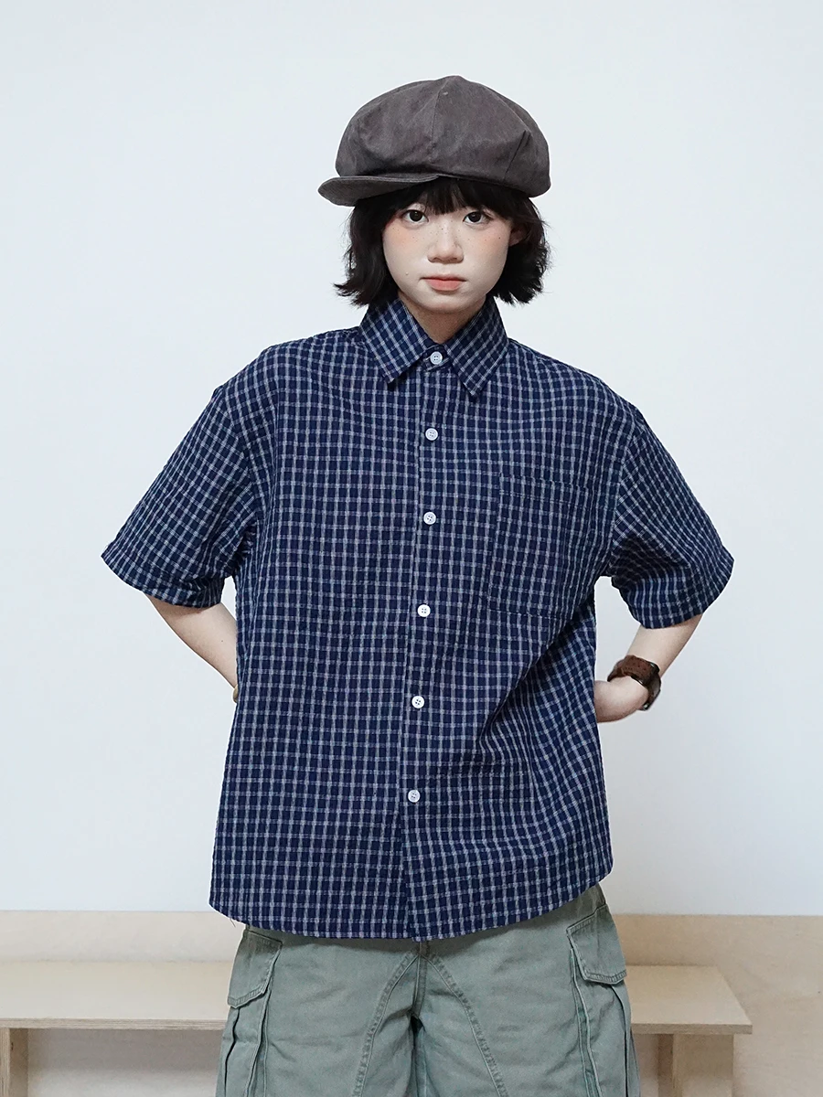 

Синяя клетчатая мужская рубашка с коротким рукавом в американском ретро-стиле, свободного кроя, из дышащего хлопка, для повседневной носки, летняя