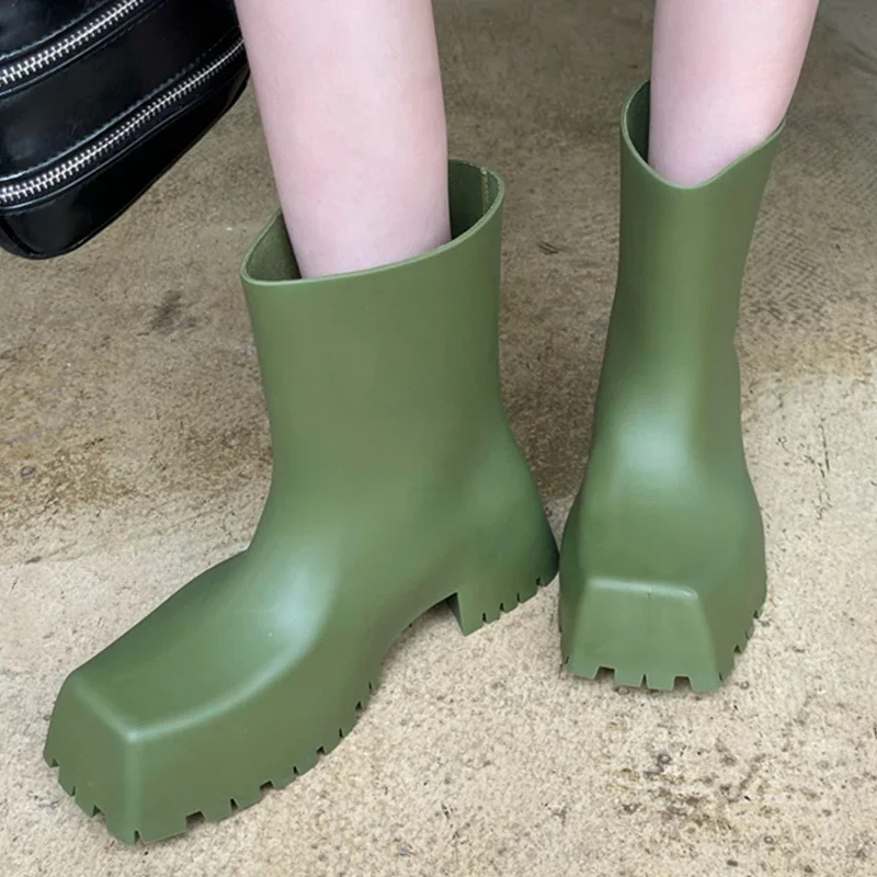Brand Designer Rain Boots Women Non-slip Square Toe Fashion Short Shoes Female New 2025 Straight Waterproof Platform Women Boots