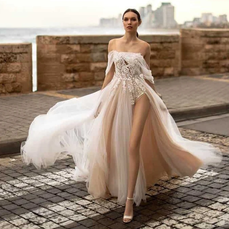 Lindos vestidos de casamento fora do ombro, vestido de noiva de fenda alta, apliques florais, tule ilusão, vestido sexy