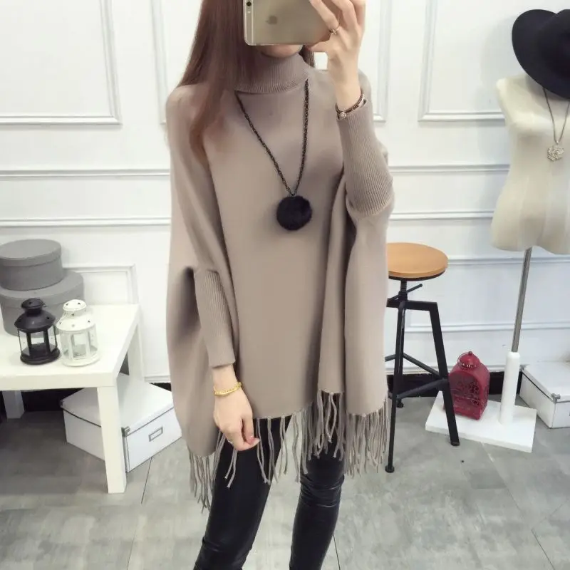 Korean Loose Fit Autumn and Winter New French College Cape Women Mid-length Poncho Warps Woolen Tassel Solid Female Coat T326