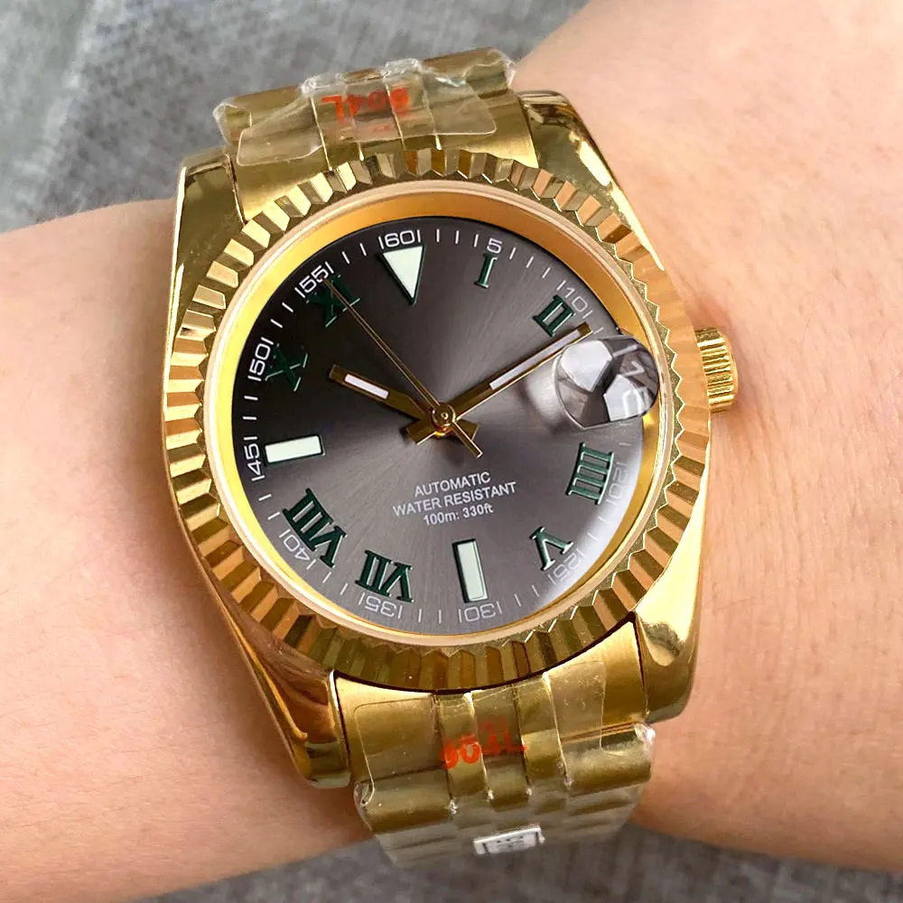 Customized Fluted Bezel Mechanical Watch Men 36mm 39mm Japan NH35A Movement Roman numerals Dial Steel Strap 100m Waterproof