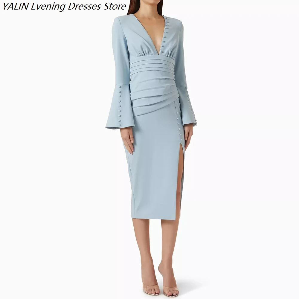

Women's Straight Evening Dresses Tea-length V-neck Full Sleeve Prom Dresses Fashion Pleat Button Side-split Customized Gowns