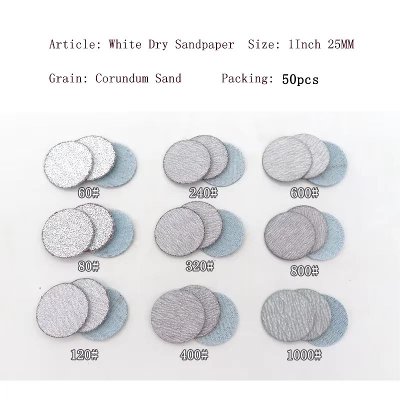 50Pcs 1Inch Dry Sanding Disc Hook and Loop Round White Sandpaper Polishing Tools for Woodworking Metal  Grinding Abrasive Tool