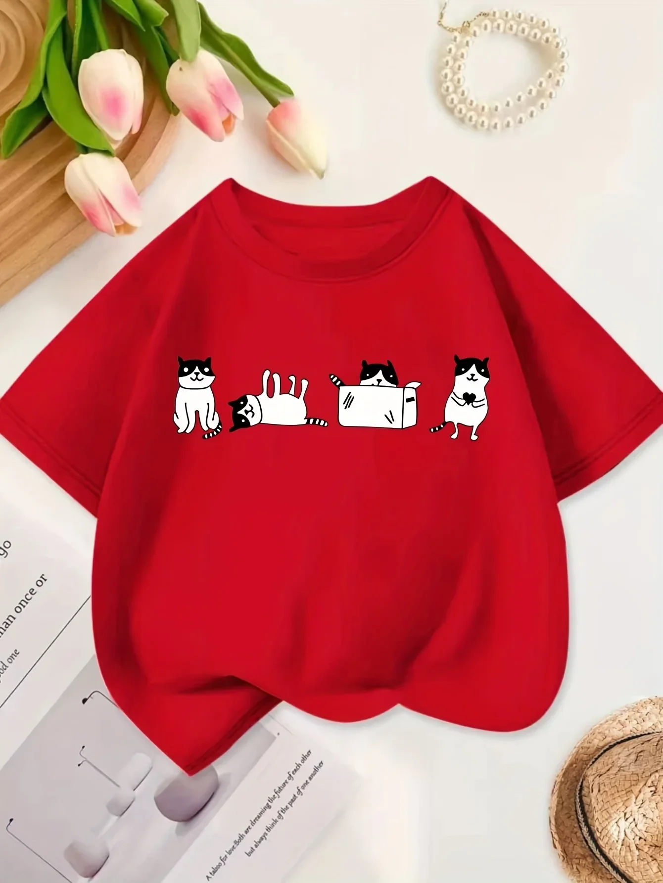 Lovely Multiple Posture Black White Cat Line Print Crew Neck Short Sleeve Tee Lightweight Casual Summer Kids Top