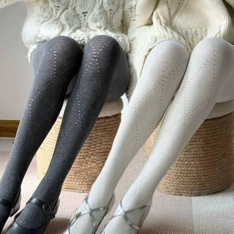 

Warm Autumn Pantyhose Korean Retro Rhombus Jacquard Knitted Hollow Design Elastic Slim Stockings Base Leggings for Women