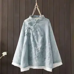 Women Spring Blouse Chinese Style Embroidered Flower Knot Button Vintage Shirt Loose Stand Collar Retro Shirt Lady Blouse Top