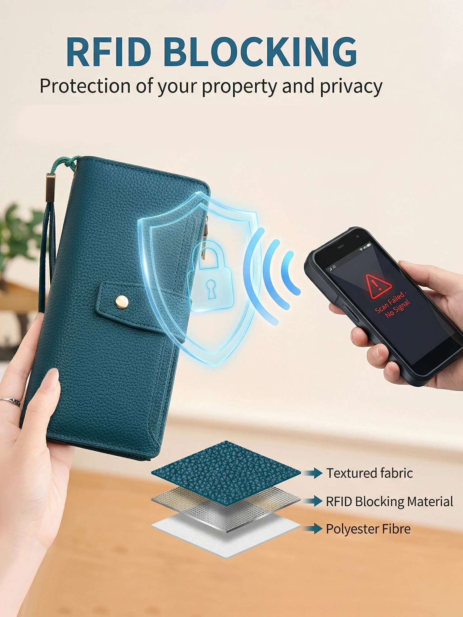 Lychee Patterned Women's Wallet RFID Shielded Three-Layer Zippered Long Wallet Casual and Portable Women's Clutch Bag Travel Wal