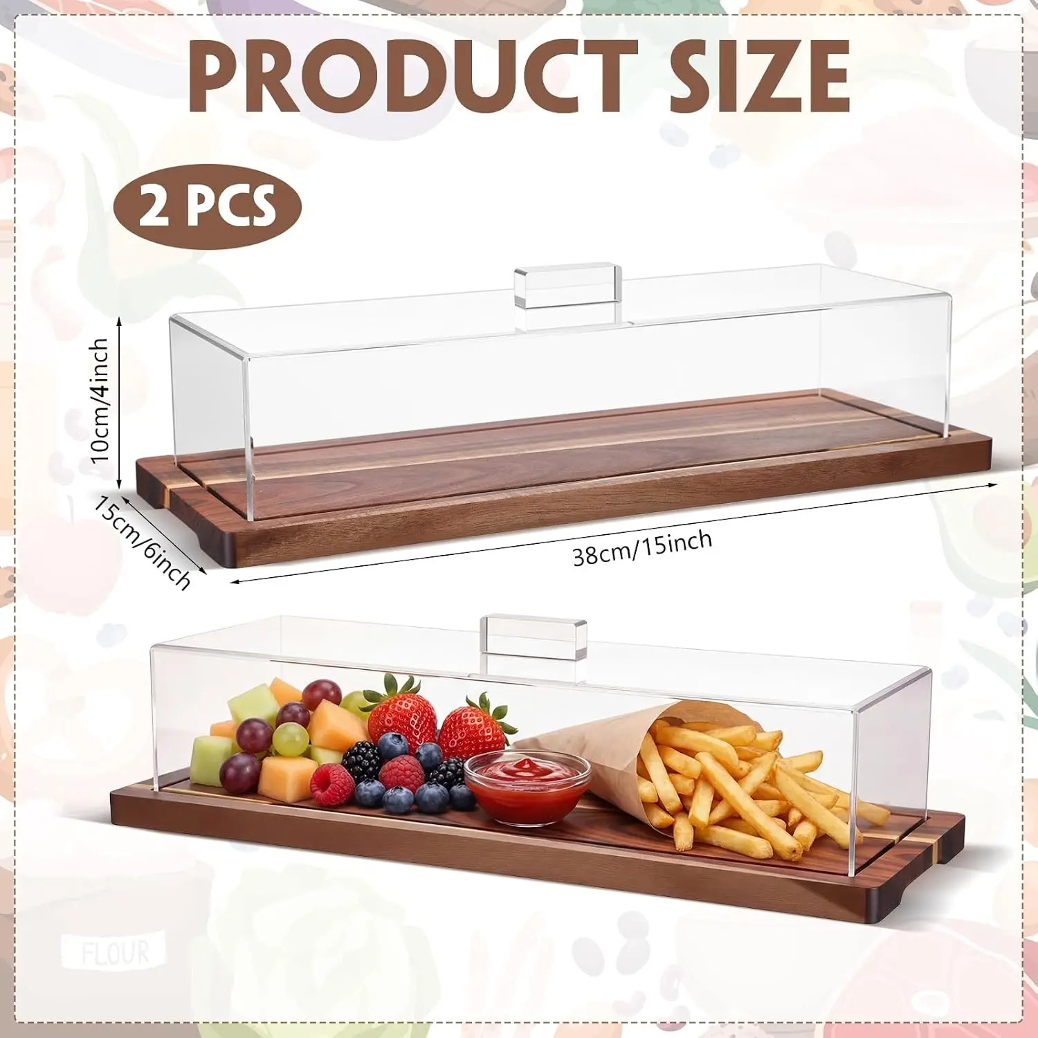 Acacia Wood Cake Stand Serving Tray Set, 2 Pack with Acrylic Lid, 15 x 6 x 4 Inches, Charcuterie Table Display & Dessert Serving Set for Bakery, Buffet, Home Party and Restaurant