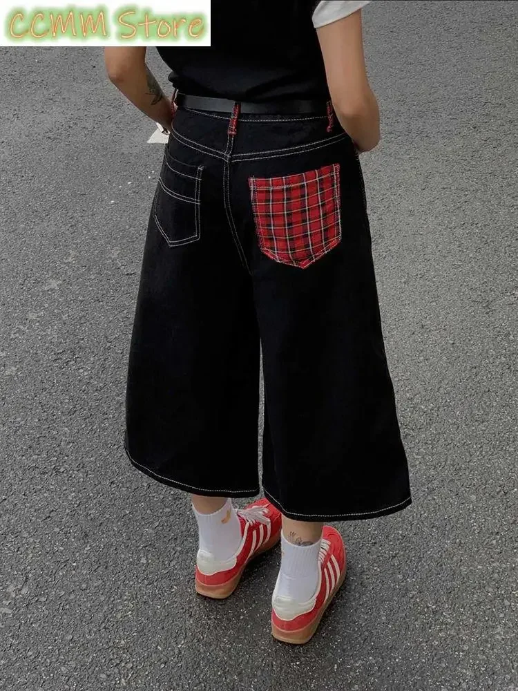 

Summer Women's Red Checkered Pocket Cropped Jeans Young Girl Wide Leg Denim Shorts Female High Waist Loose Retro Capris Pants