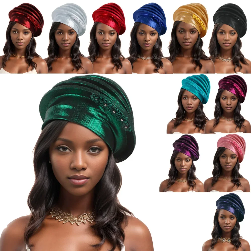 

2025 Fashion Flower Spiral Beret for Women African Auto Gele Headties Head Wraps Berets Turban Nigeria Headpiece Wedding Party
