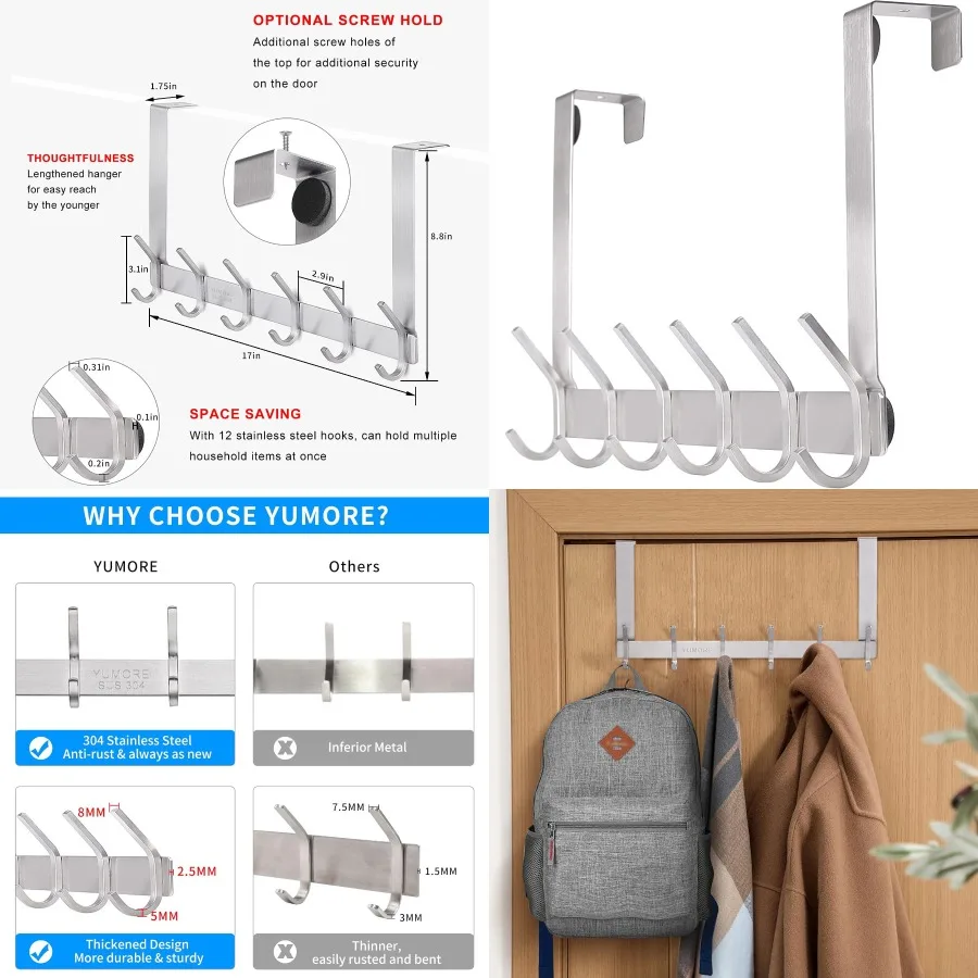 

Over The Door Hooks SUS304 Stainless Steel Heavy Duty Door Hanger for Coats Robes Hats Clothes Towels Hanging Towel Rack Organi