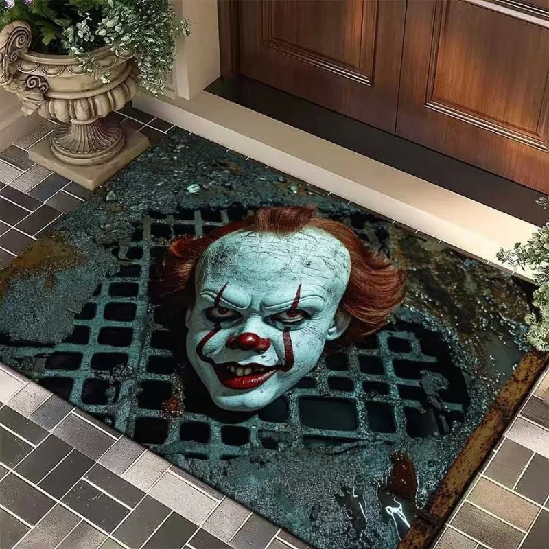 Halloween Clown Horror Theme Doormat Manhole Cover Design Entryway Anti Slip Mat Halloween Decor Personalized Rug