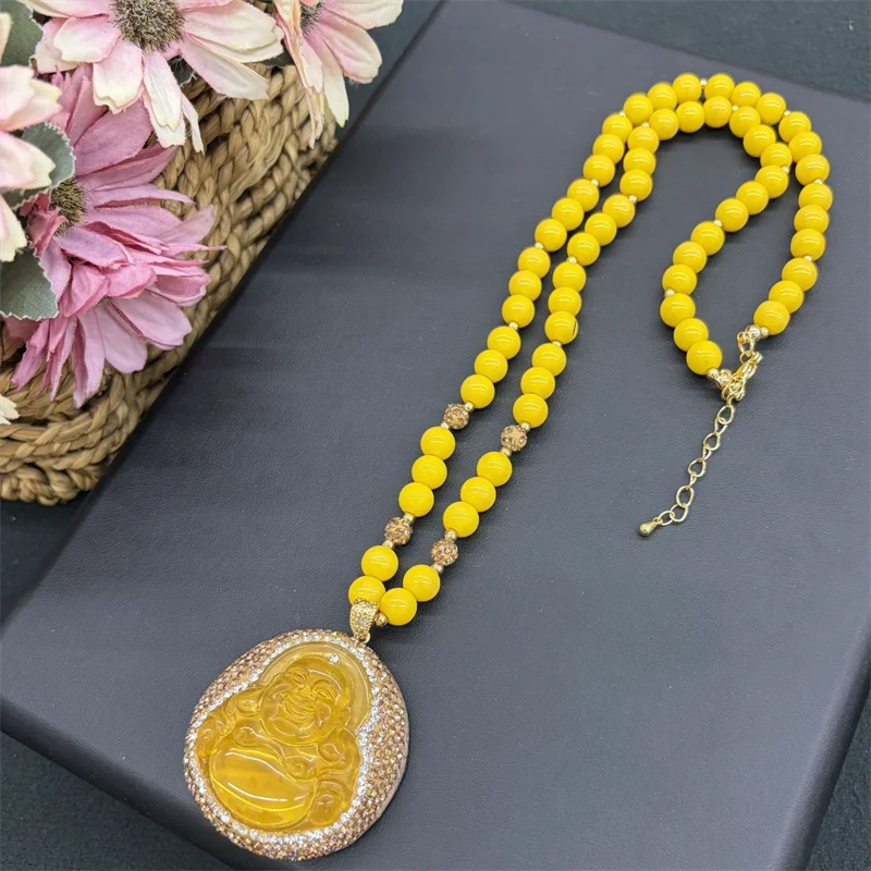Crystal Glossy Colored Glaze Laughing Buddha Necklace Exquisite Elegant Chinese Style Women Jewelry Long Sweater Chain Collar
