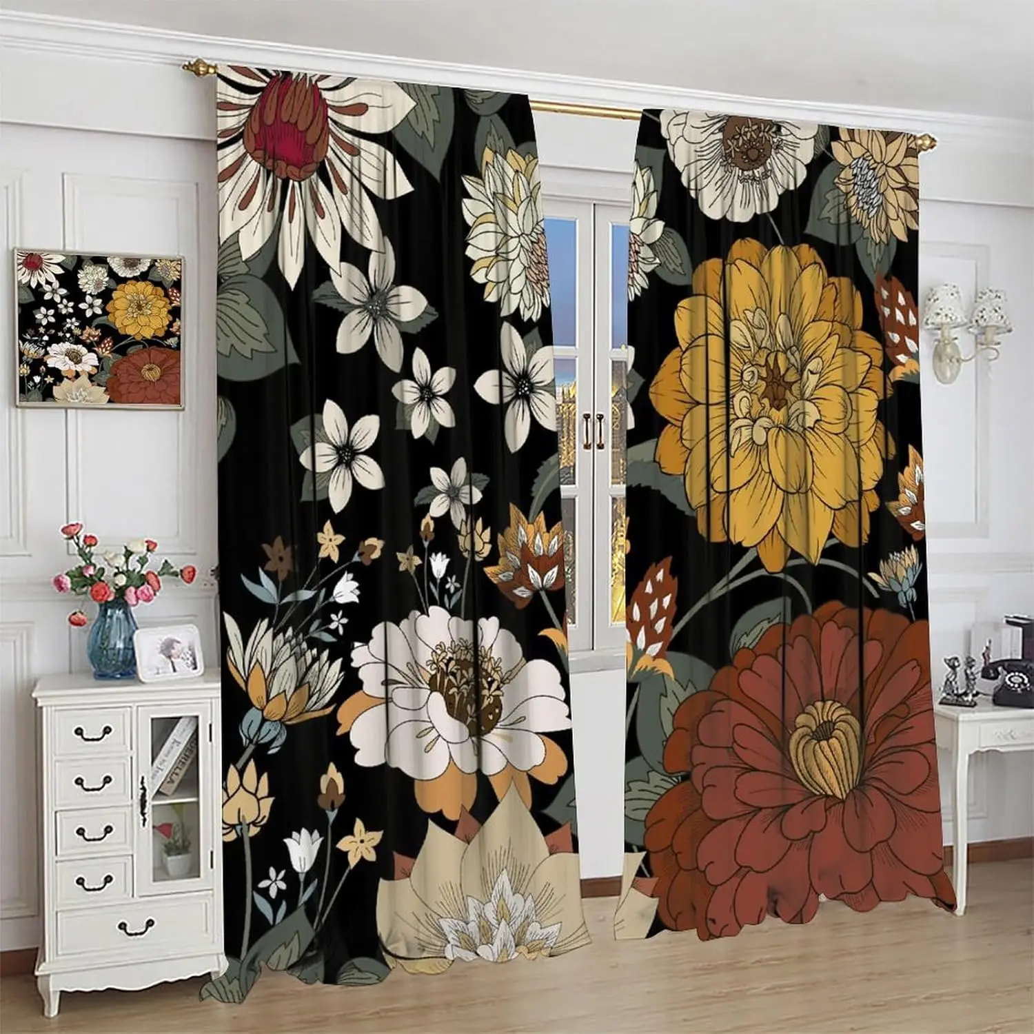 

Boho Floral Curtains, Traditional Colorful Bohemian Mandala Floral Dark Flower Leaves Modern Spring Garden Window Treatments for