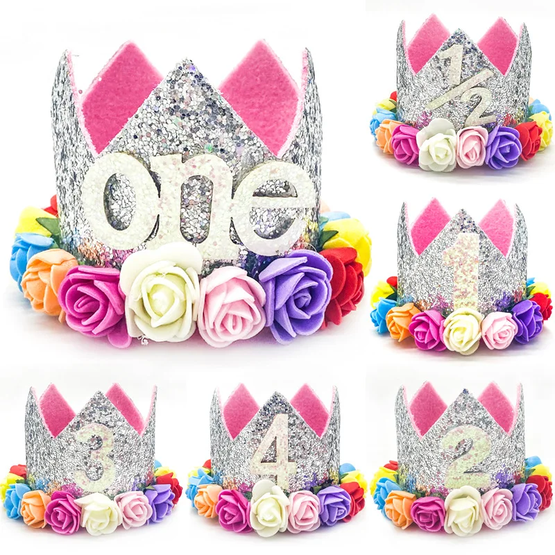 Kinder Geburtstag Crown Silber Glitter Pulver Imitation Blume Hut Baby Ein Jahr Alt 1st Geburtstag Party Dekoration Baby Dusche