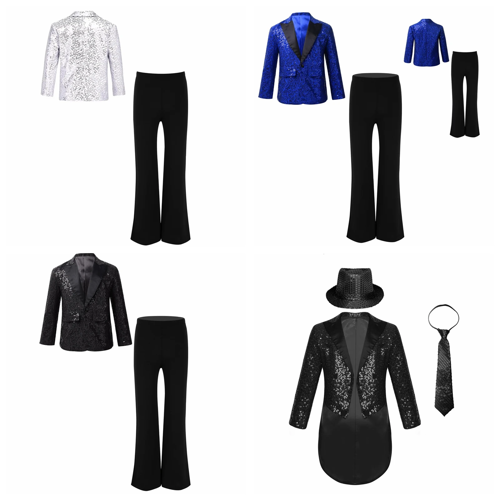 Kids Boys Suit Blazer with Pants Shiny Sequins Gentleman Outfit Children Flower Boy's Formal Costume for Jazz Dance Performance