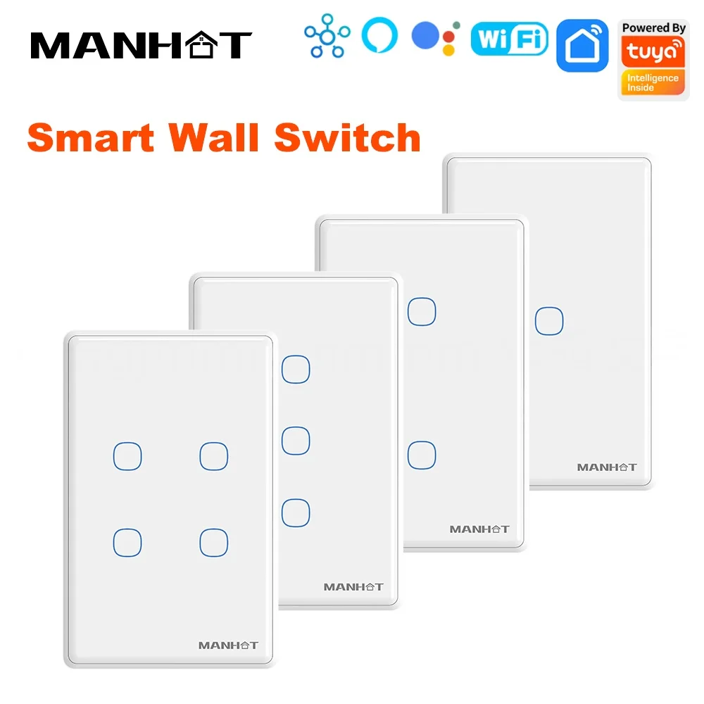 Tuya WiFi US Touch Wall Smart Switch NO Neutral Wire 1/2/3/4 Gang Light Switch Smart Life APP Control Support Alexa Google Home