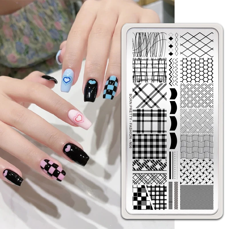 BORN PRETTY Classic Plaid French Nail Stamping Plates Easy Design Flower Leaves Nail Printing Stencil Floral Line Stamp Template