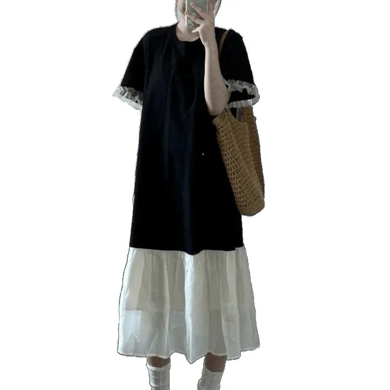 الصيف رقيقة سوداء قصيرة الأكمام تي شيرت اللباس لصق تنورة طويلة للنساء طبطب جولة الرقبة الكاحل طول ثوب مسائي #5