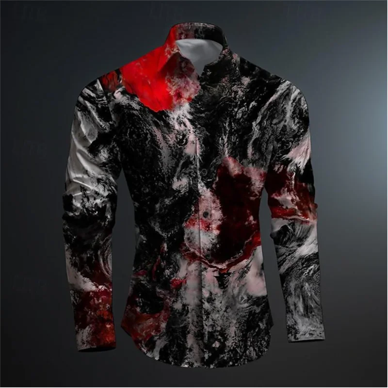 Camisa informal retro para hombre, camisa de color rojo irregular con grafiti de tinta de salpicaduras, suave y cómoda, talla grande, novedad de 2024