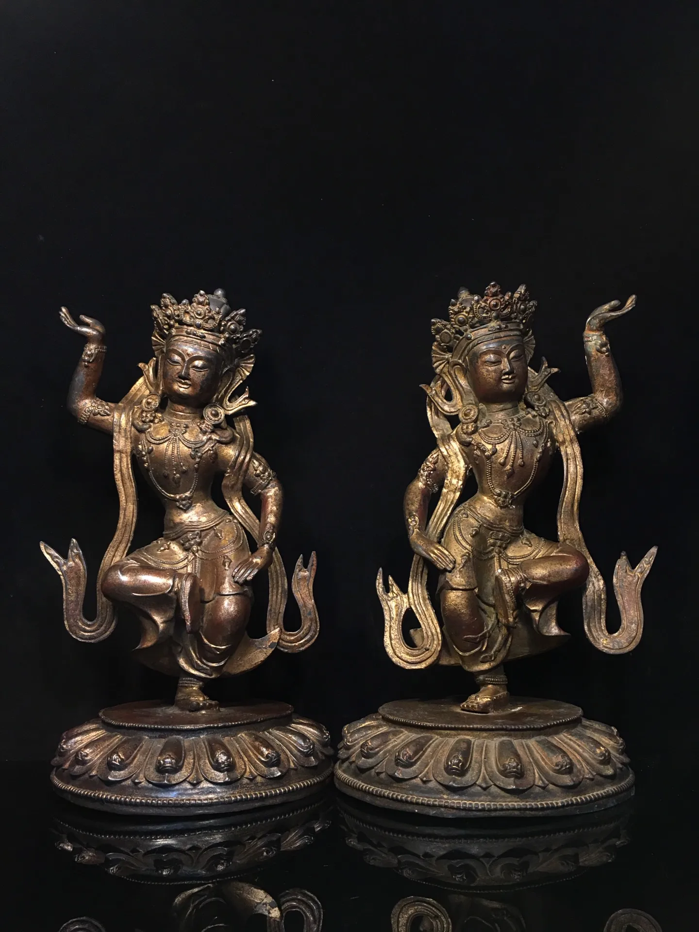 

17"Tibet Temple Collection Old Bronze Cinnabar Mud gold Free Tara Left and Right Dharma Protectors Worship Hall Town house