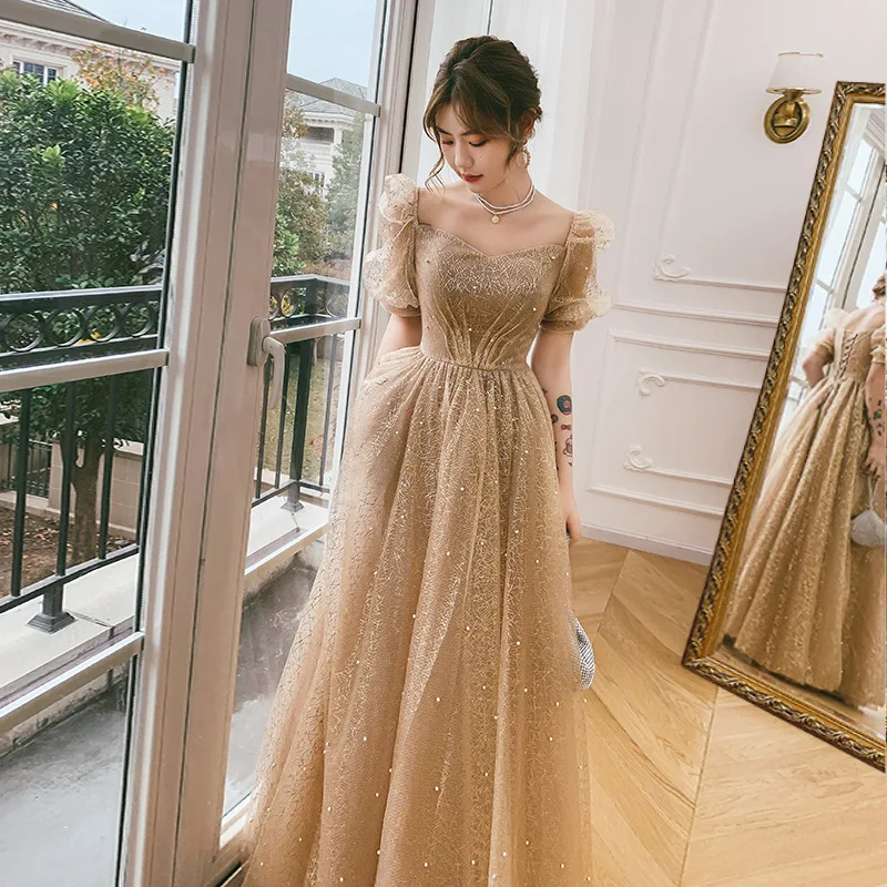 Champagne Evening Dress 2022 Summer New Elegant Square Neck Sequined Princess Puff Sleeves Tulle long Graduation Ceremony Gonws