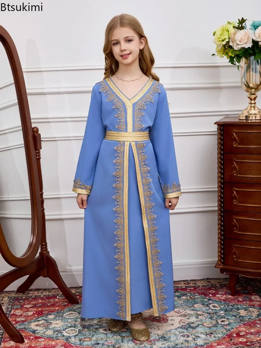 

2025 Muslim Fashion Abayas for Kids Saudi Arabic Girls Lace Long Dress Long Sleeve Kaftan Robe Turkey Dubai Luxury Party Dresses