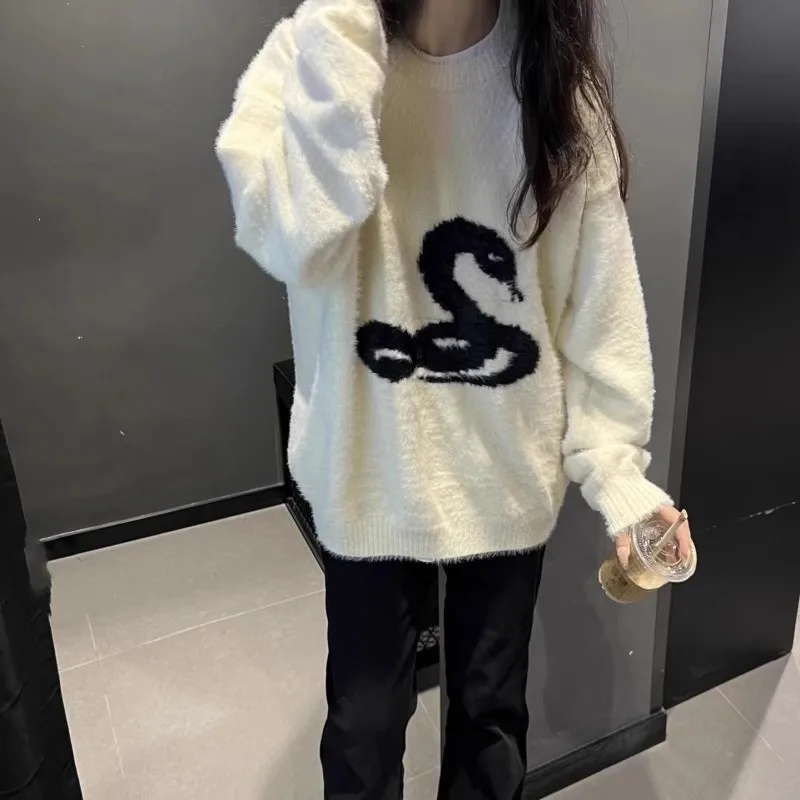 

Autumn Winter Large Size Men's Knitted Sweater Snake Pattern Fluffy Simulation Mink Casual Baseball Collar Long Sve Top