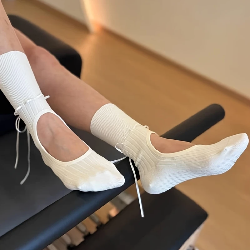 1pair Fashion Women Yoga Socks Ribbons Exposed Instep Calf Socks Soft Cotton Pilates Training Sock Anti-Slip Fitness Stockings