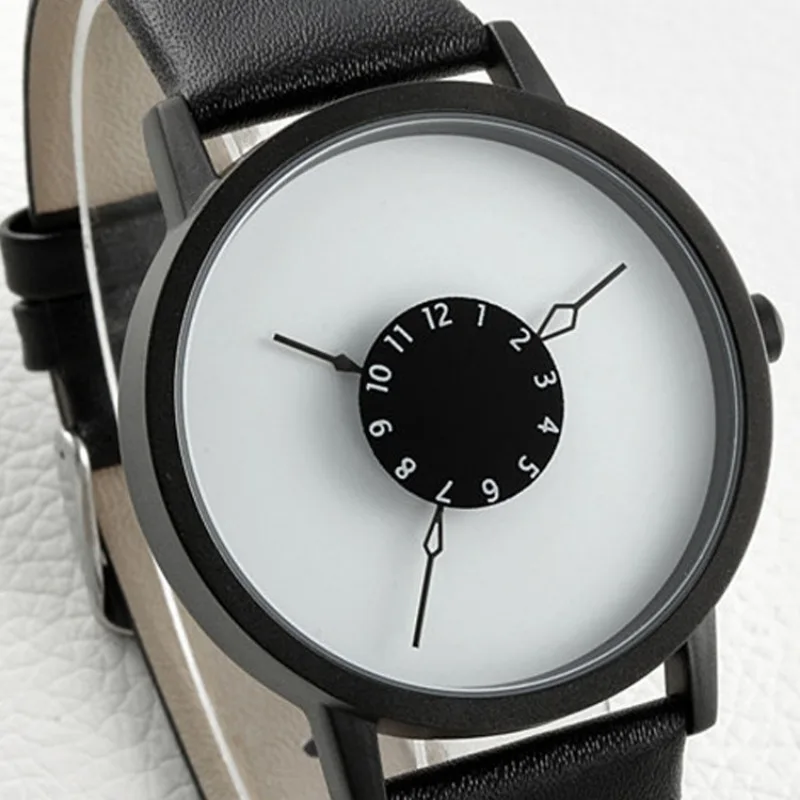 Popolare nuovo concetto personalità puntatore inverso orologio da donna e da uomo versione semplice orologio da polso al quarzo con cintura per coppia bianca nera