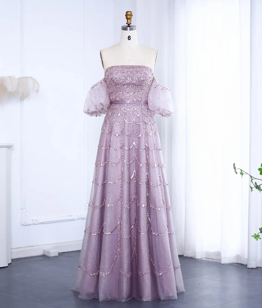 

Customized Luxury Organza A-Line Off the Shoulder Sequined Beading Crystal Evening Dress Graceful Short Sleeves prom dresses