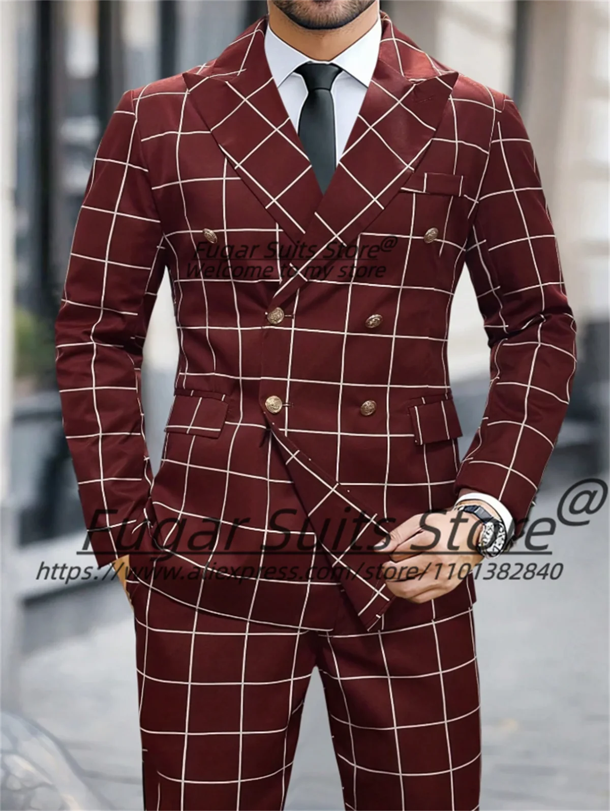 

Tailor Made Red Double Breasted Plaid Men Suits Slim Notched Lapel Groom Tuxedos2Pcs Sets Business Male Blazers Traies De Hombre