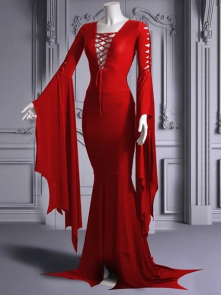 

Autumn New Halloween Dress Winter Sexy Hollow Strap Wrap Dress Women's Fashion Temperament Flared Sleeves Lace Up V-Neck Dress
