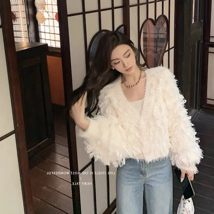 Korean V-Neck Cardigan Sweater Jacket Women 2024 Autumn Winter New Style Foreign Style Age-Reducing Tassel Loose Sweater Top