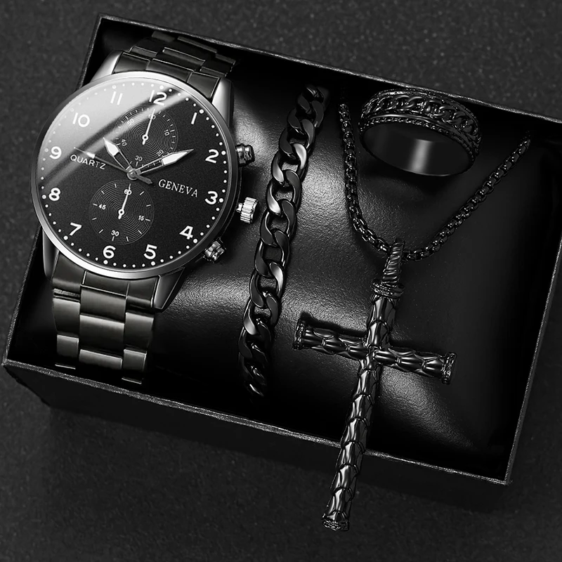 

4 шт. модные мужские роскошные кварцевые наручные часы с крестом и подвеской, ожерелье, браслет, кольцо, мужские деловые аналоговые часы из нержавеющей стали