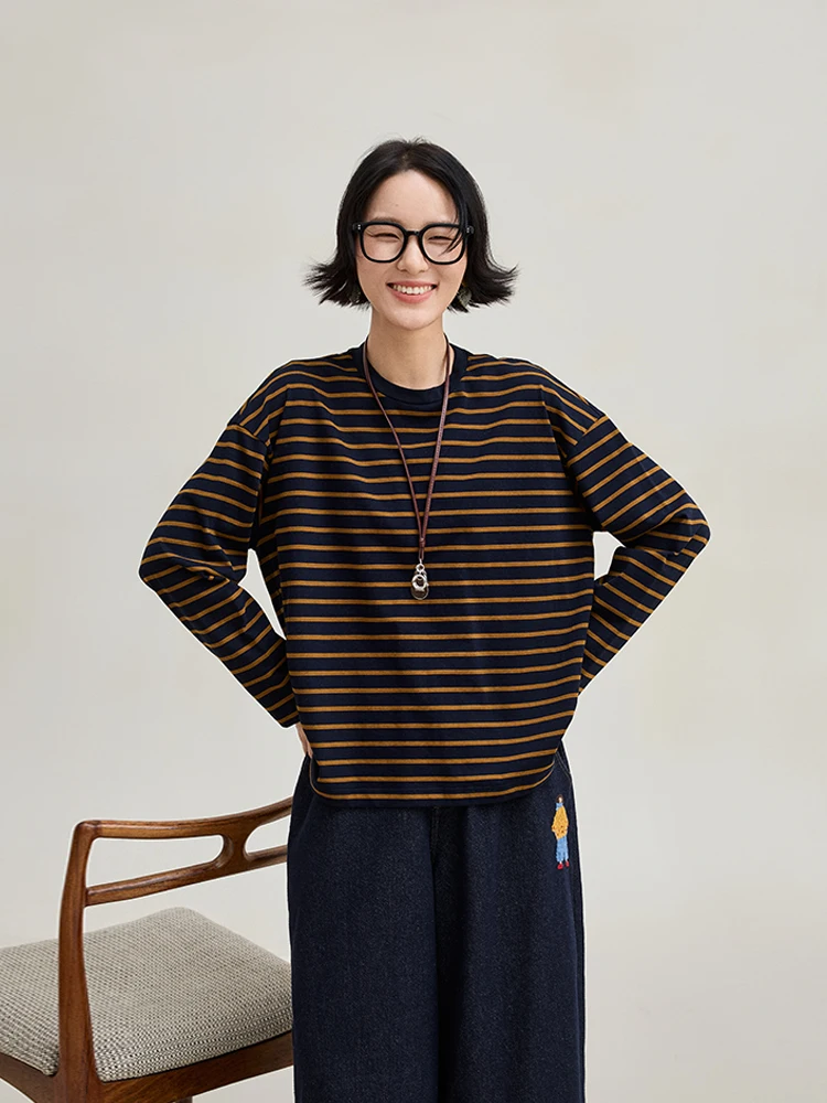 

Mallin, Новое поступление весны, длинная футболка свободного кроя, круглая футболка Ne, удобный повседневный топ в полоску из чесаного хлопка 40 лет